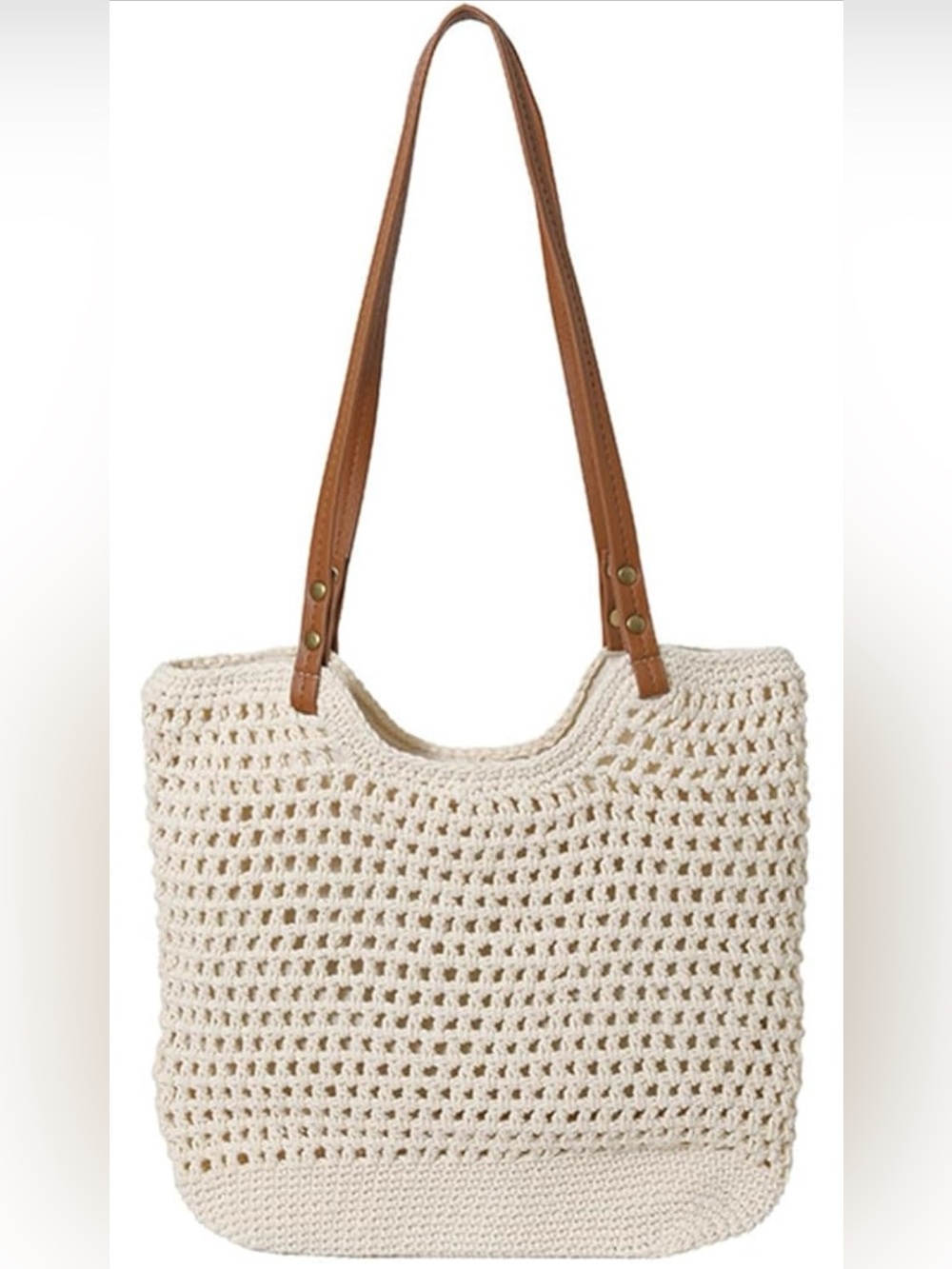 Cream Crochet Tote with Tan Shoulder Straps - Everyday Bag